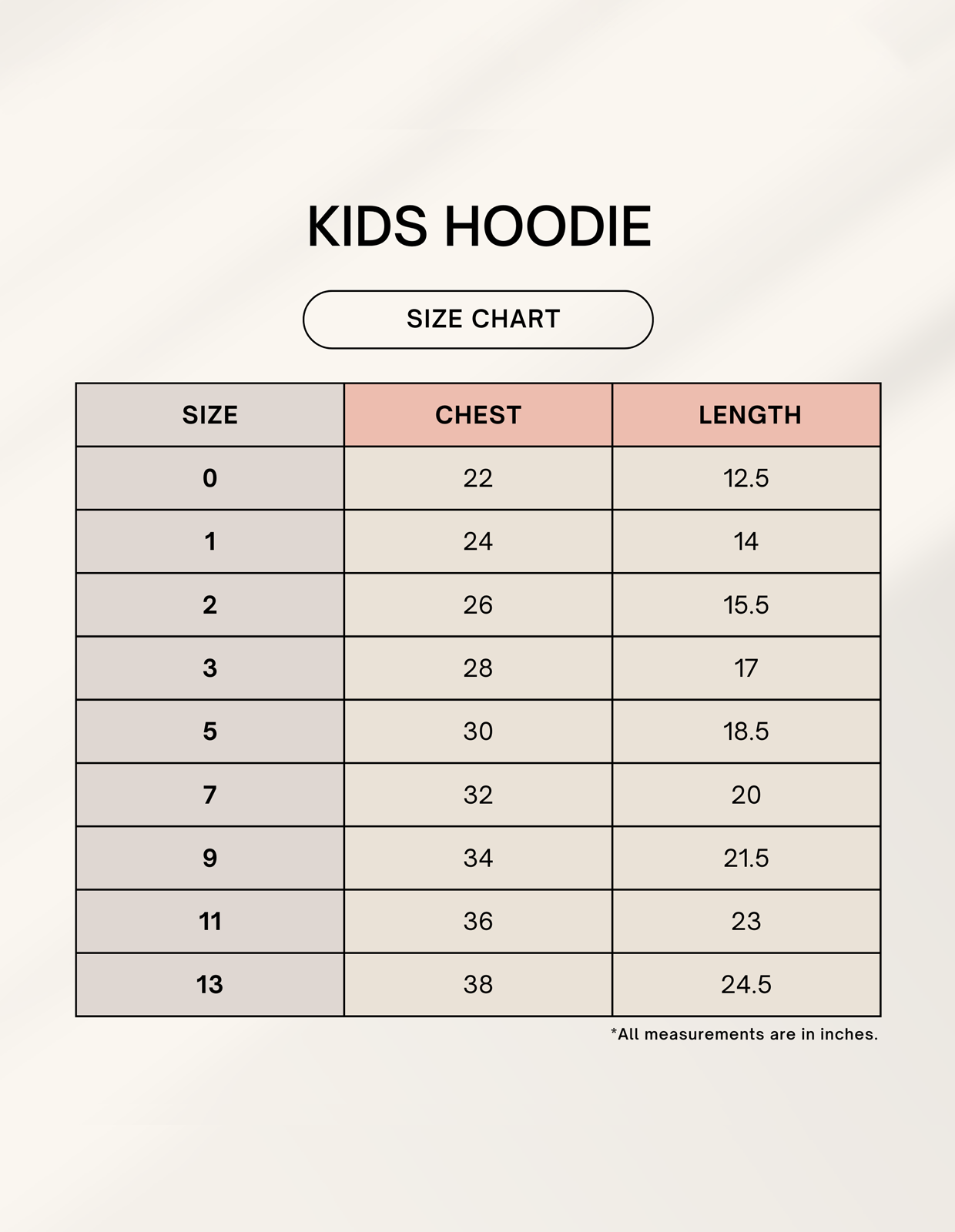 Size chart for Kids Hoodie