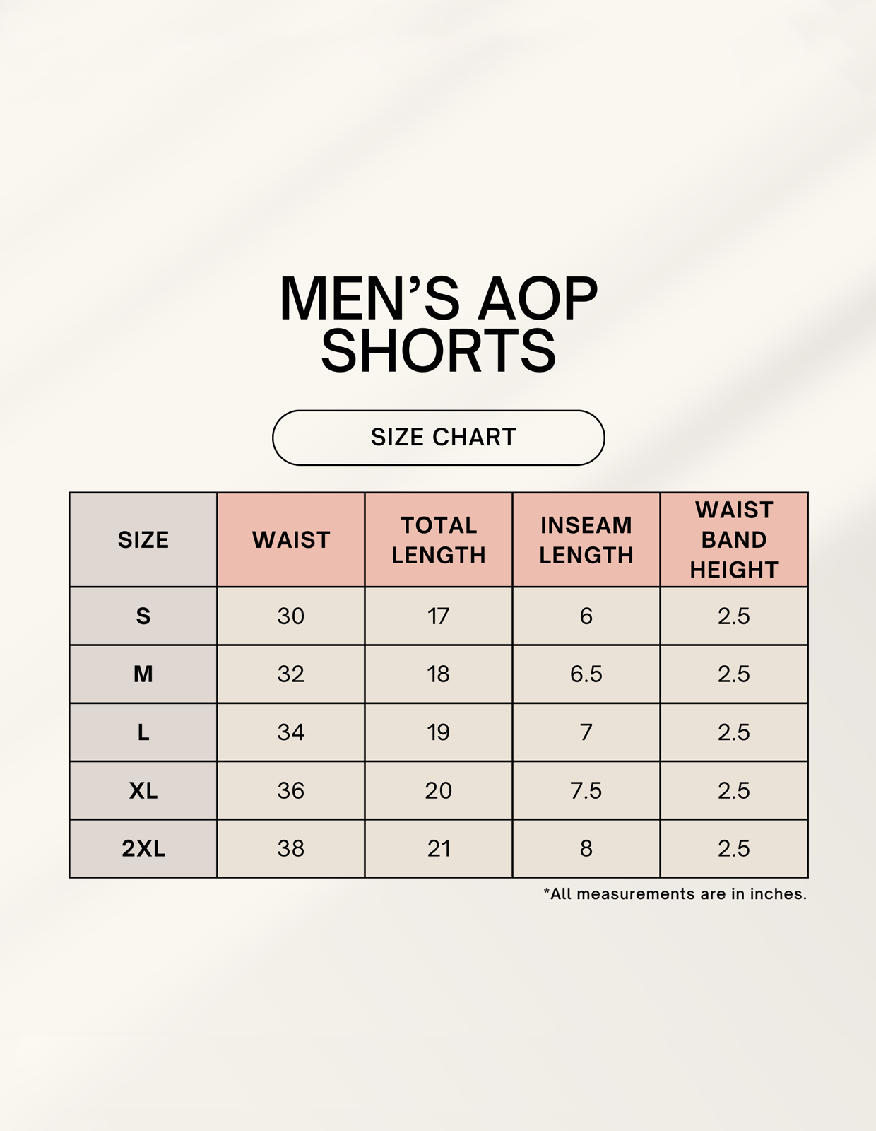 Size chart for Unisex AOP Shorts