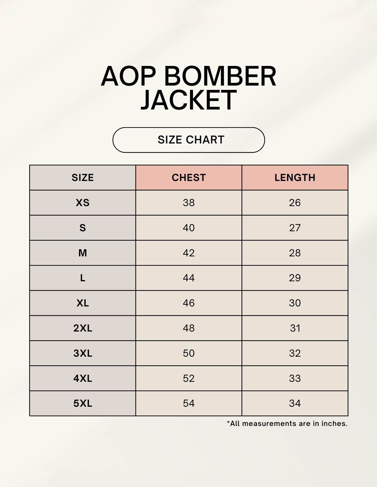 Size chart for Unisex AOP Bomber Jacket