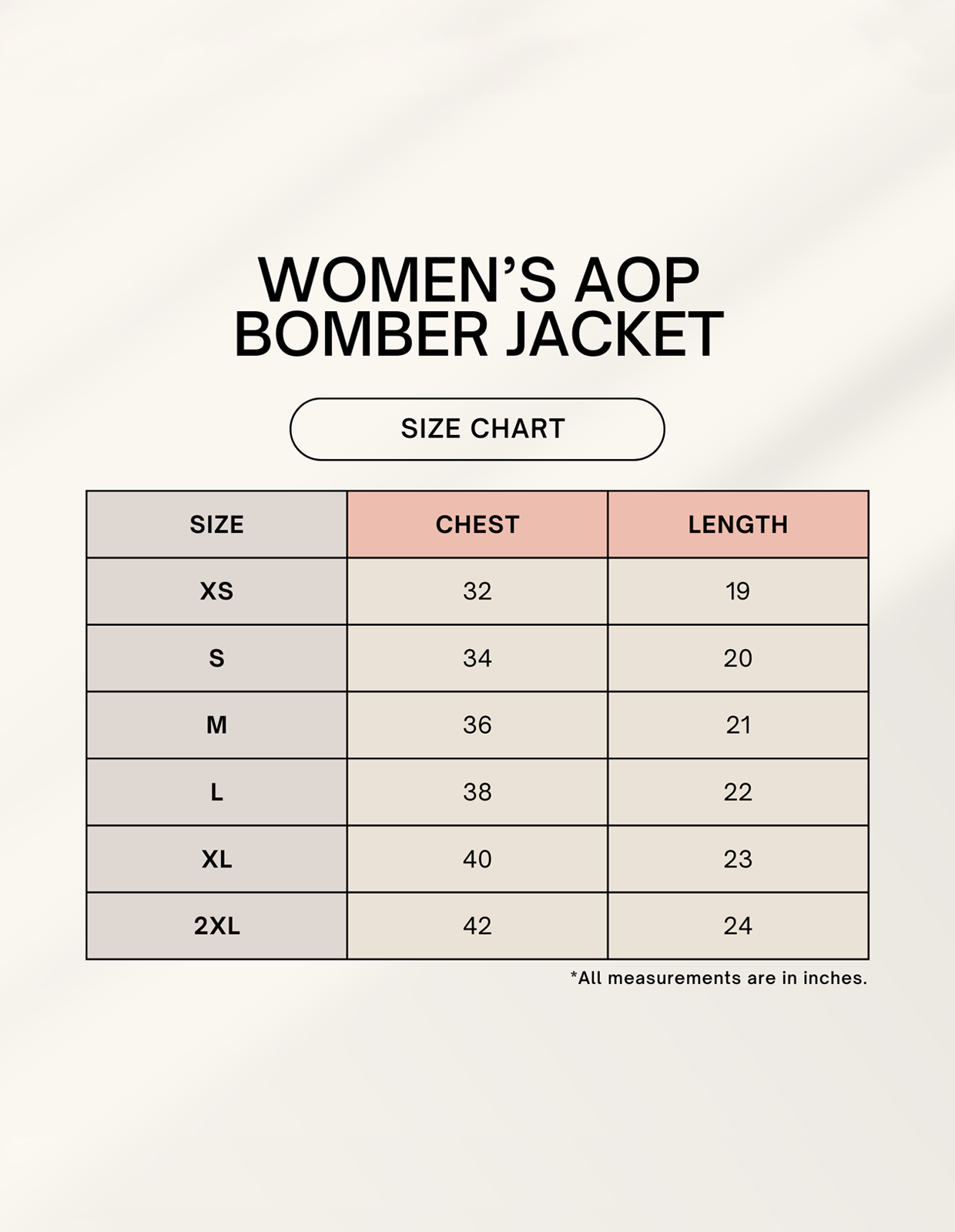 Size chart for Female AOP Bomber Jacket