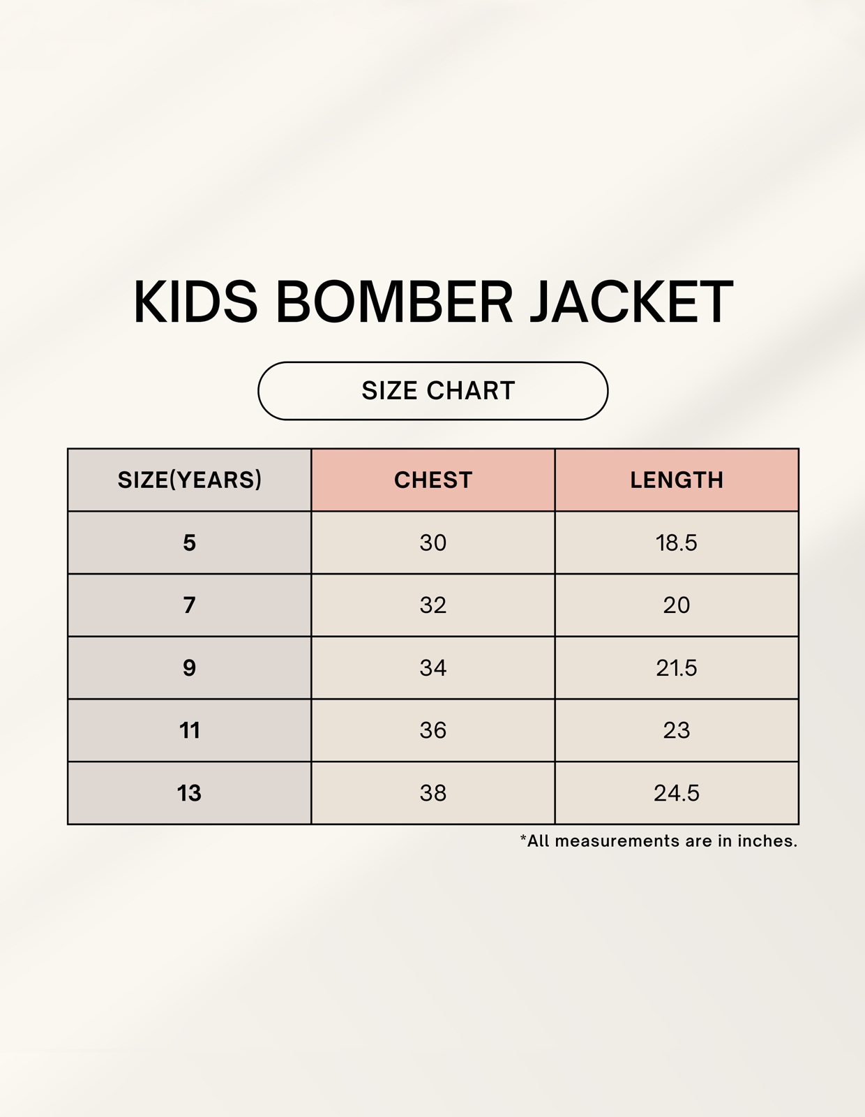 Size chart for Kids AOP Bomber Jacket