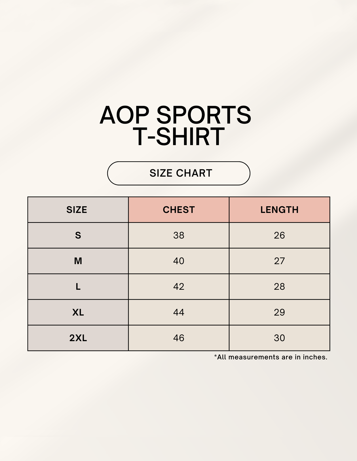 Size chart for Unisex AOP Sports T-Shirt