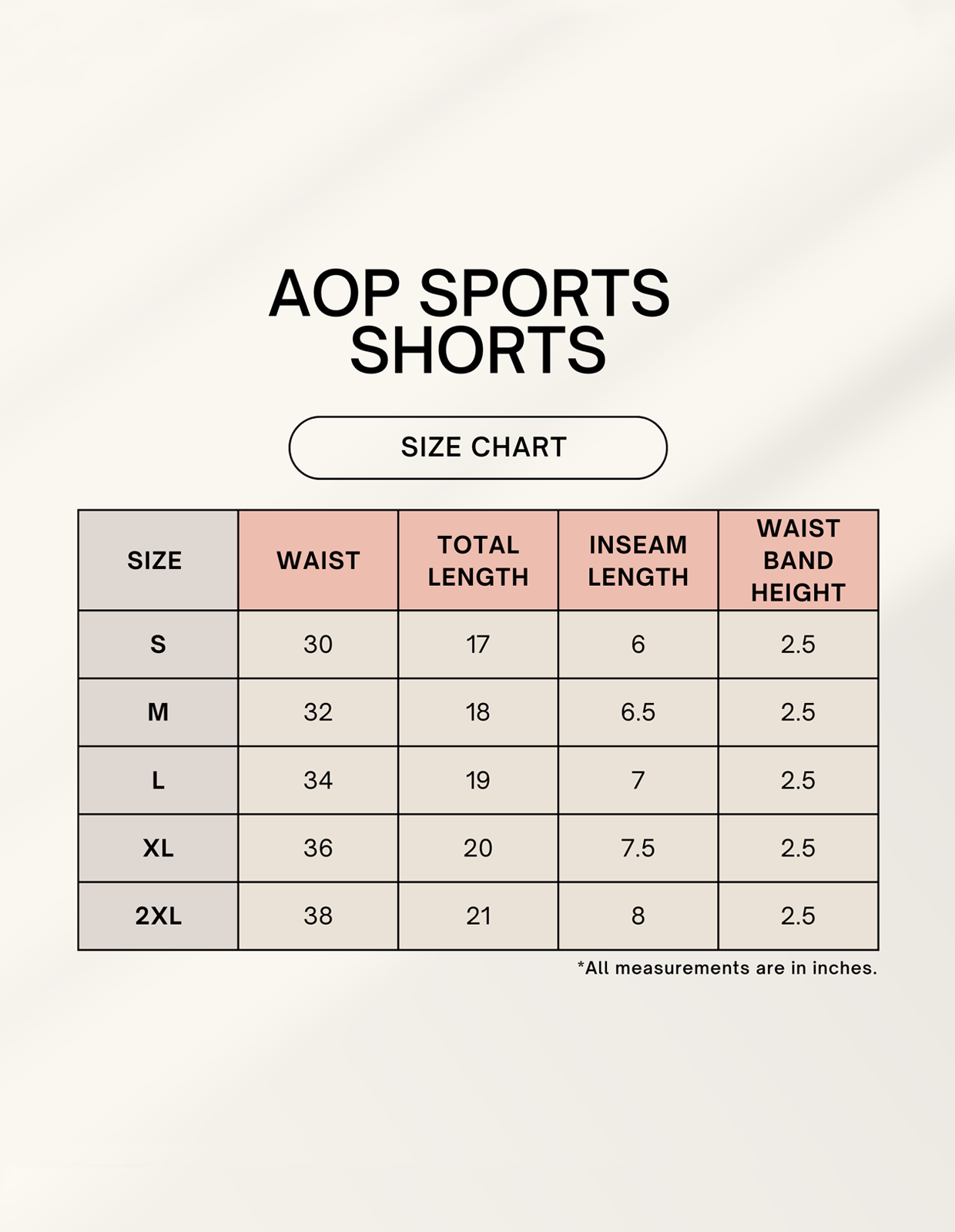 Size chart for Unisex AOP Sports Shorts