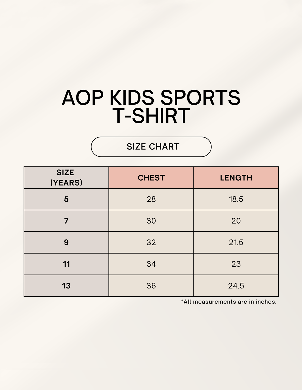 Size chart for Kids AOP Sports T-Shirt