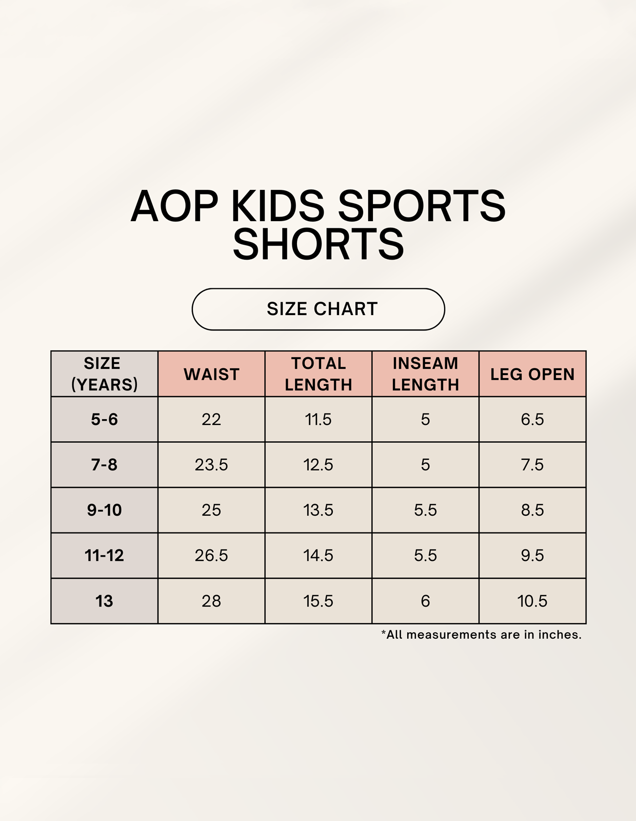 Size chart for Kids AOP Sports Shorts