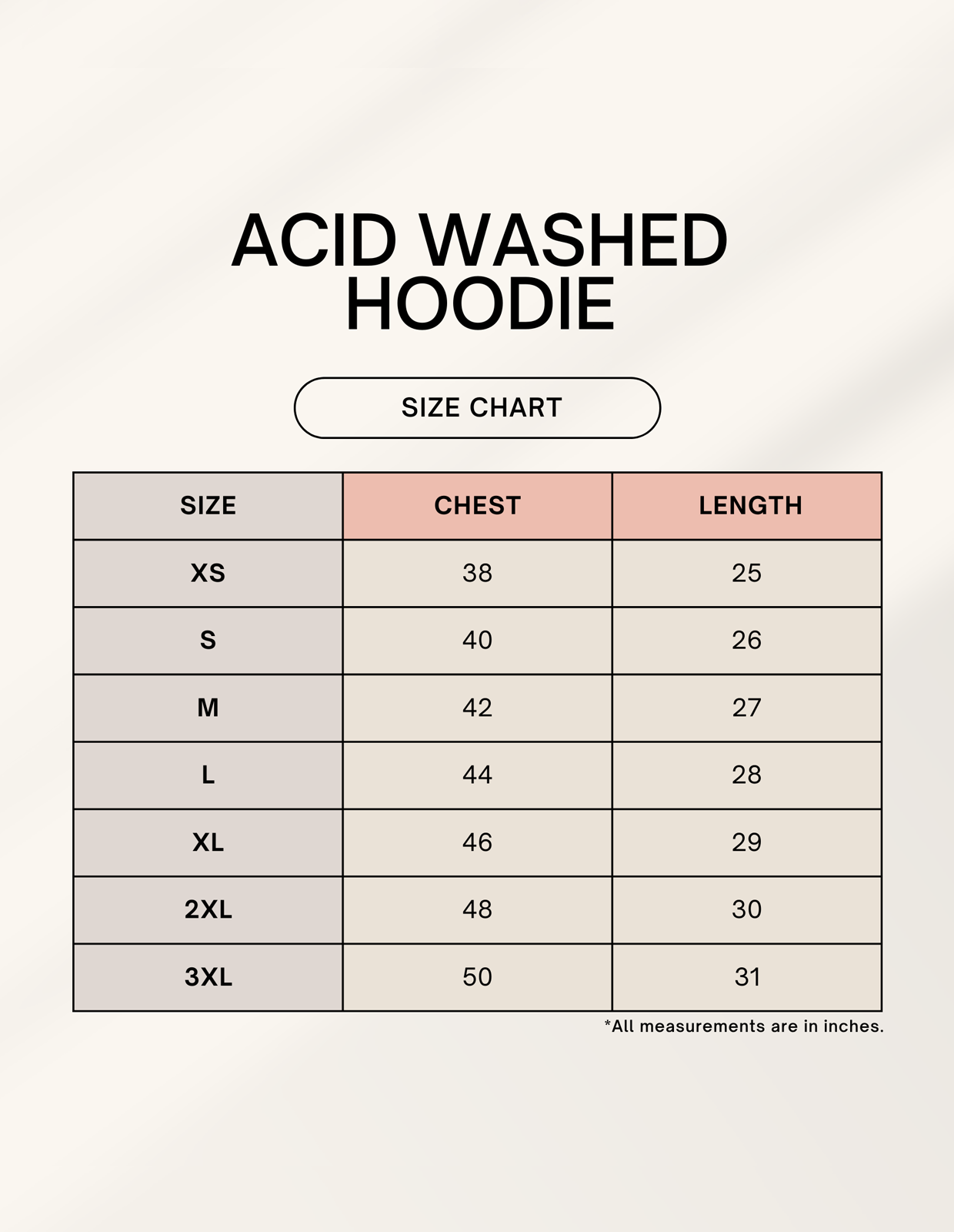 Size chart for Unisex Acid Wash Hoodie