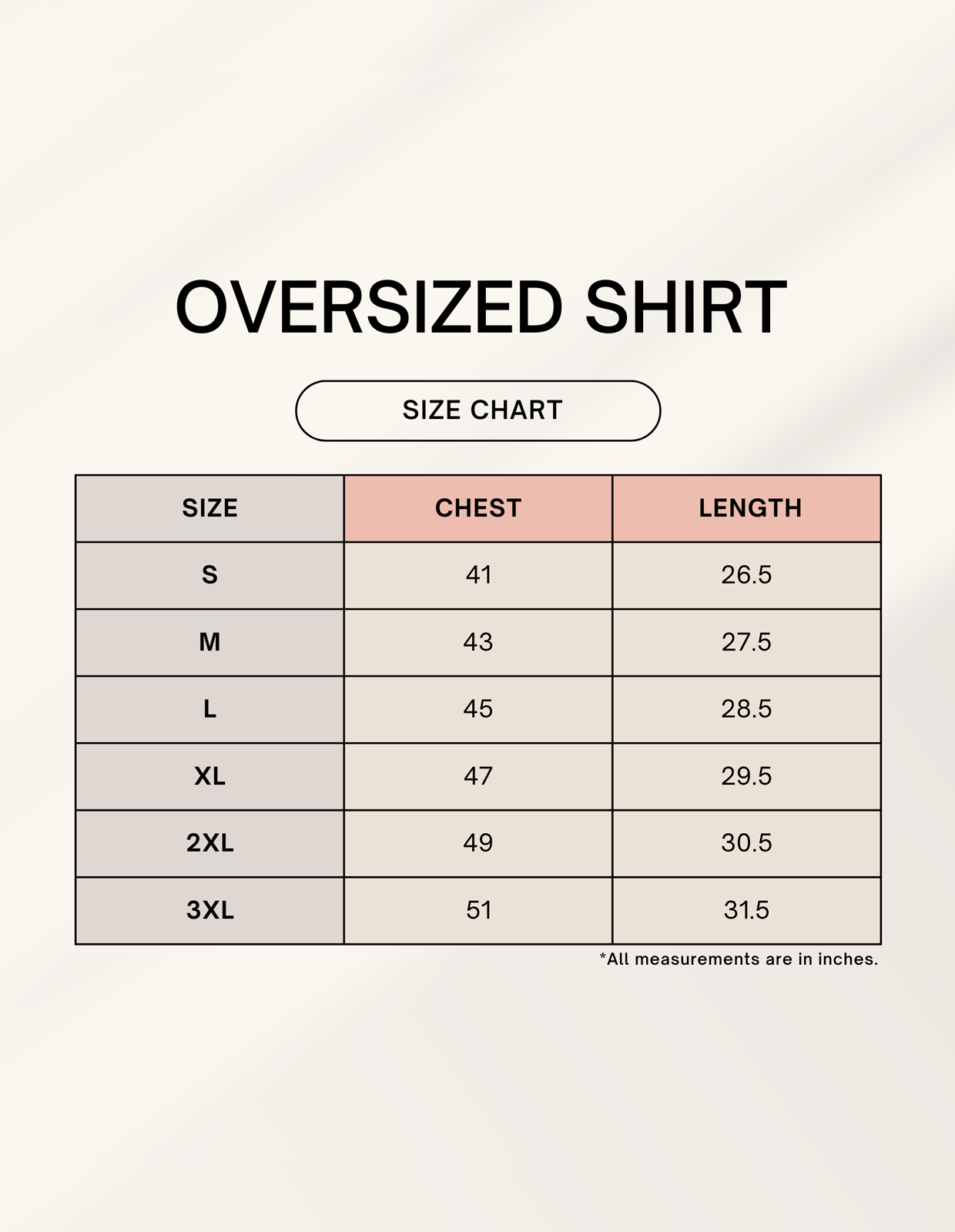 Size chart for Unisex Oversized Shirt