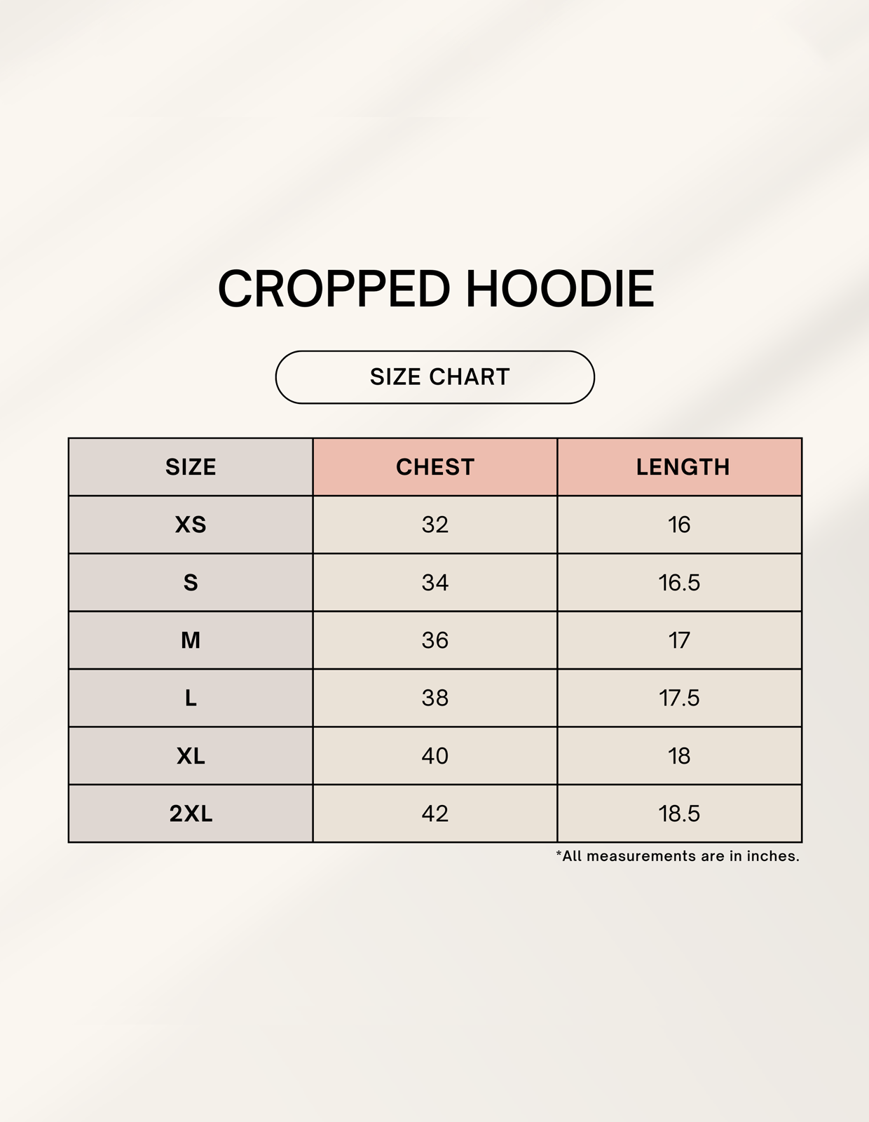 Size chart for Female Cropped Hoodie