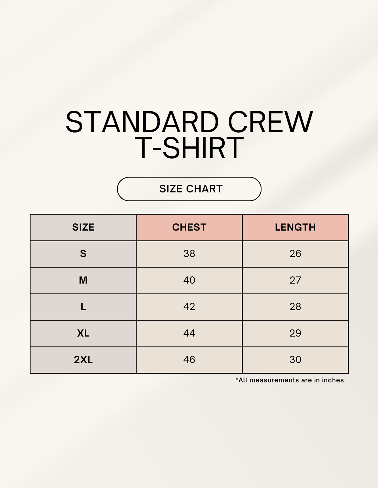 Size chart for Male Standard Crew T-Shirt