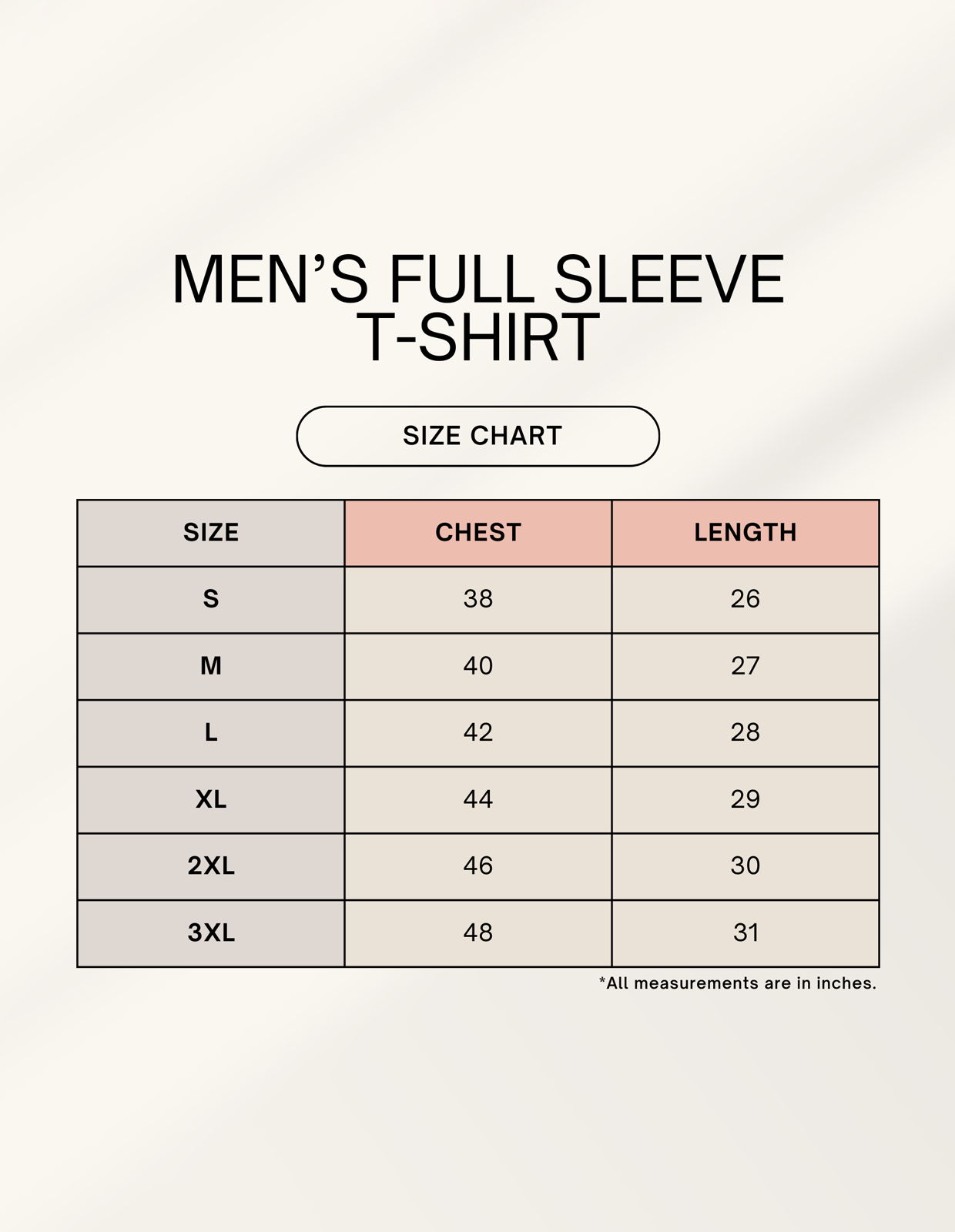 Size chart for Male Full Sleeve T-Shirt