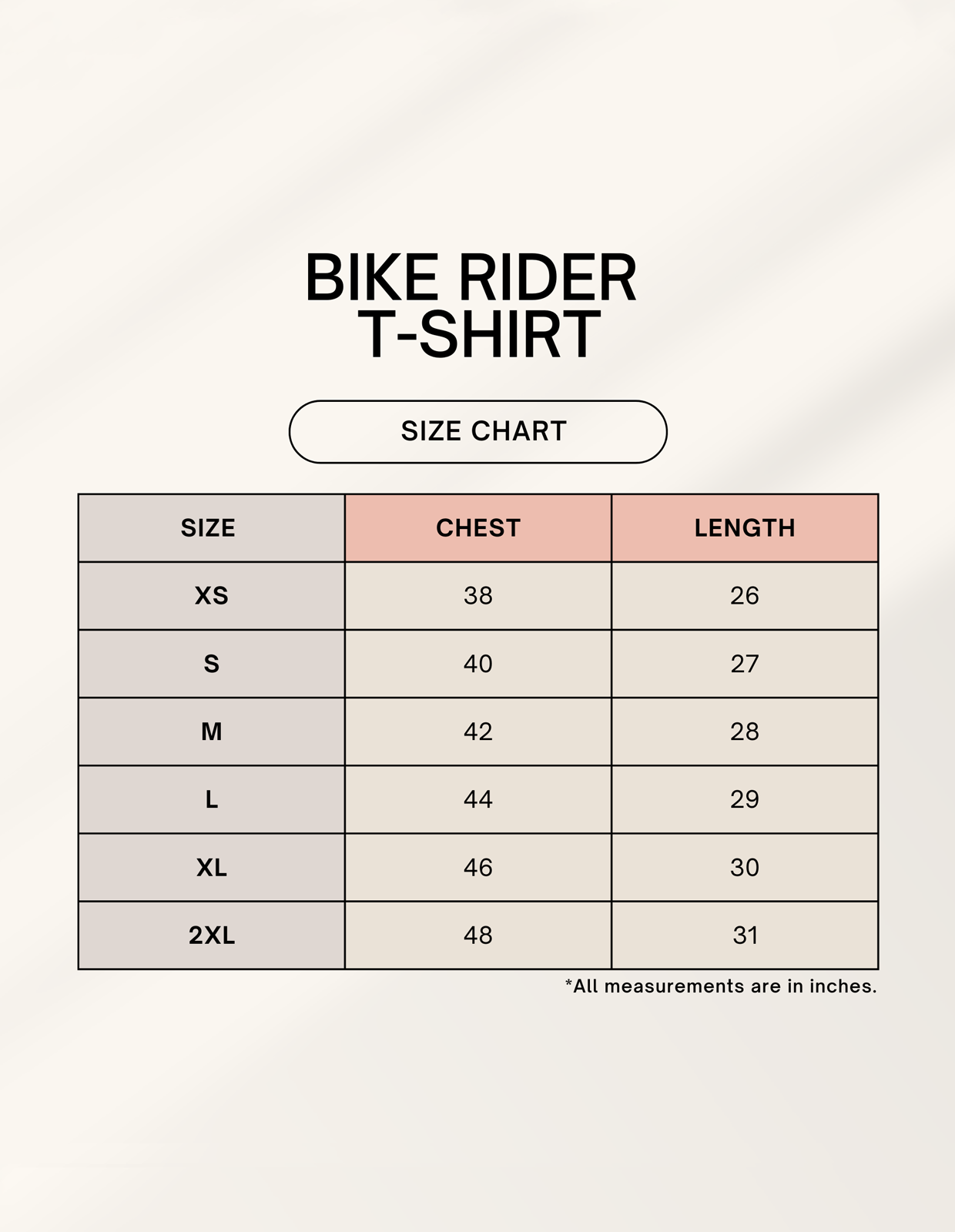 Size chart for Male Bike Rider T-Shirt