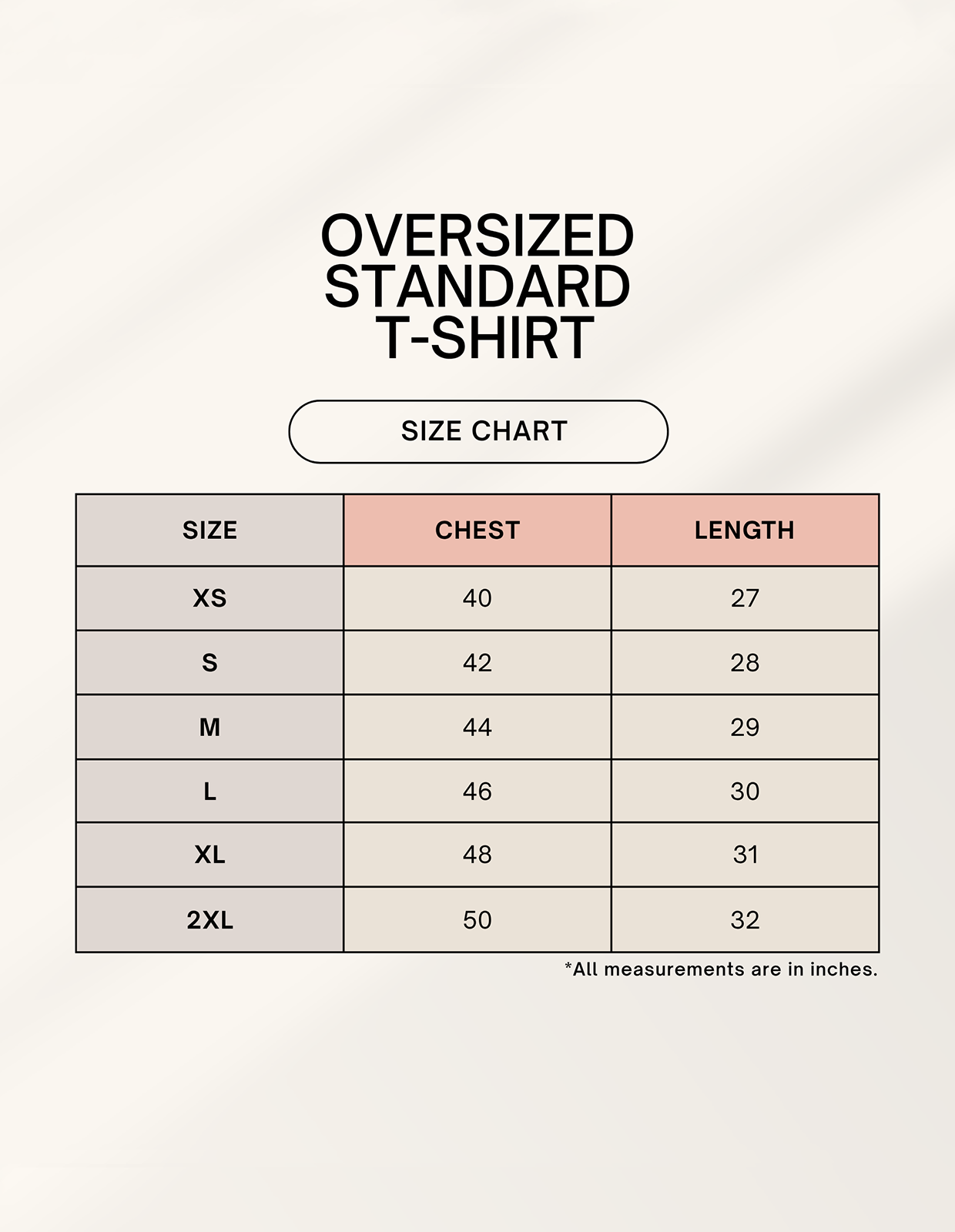 Size chart for Unisex Oversized Standard T-Shirt