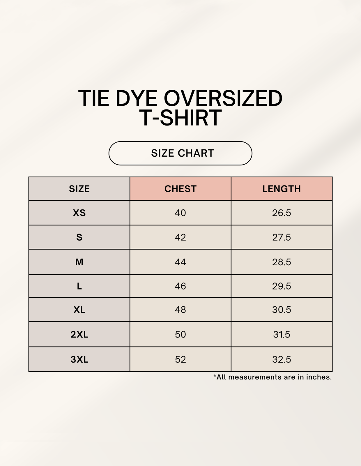 Size chart for Unisex Tie Dye Oversized T-Shirt