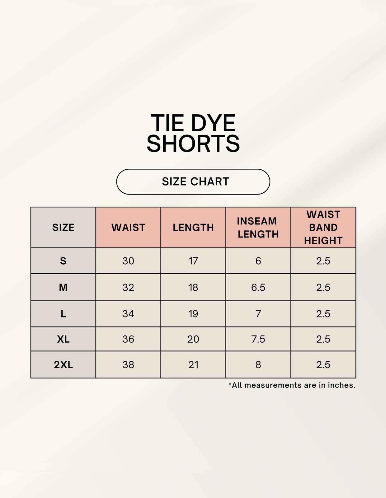Size chart for Unisex Tie Dye Shorts