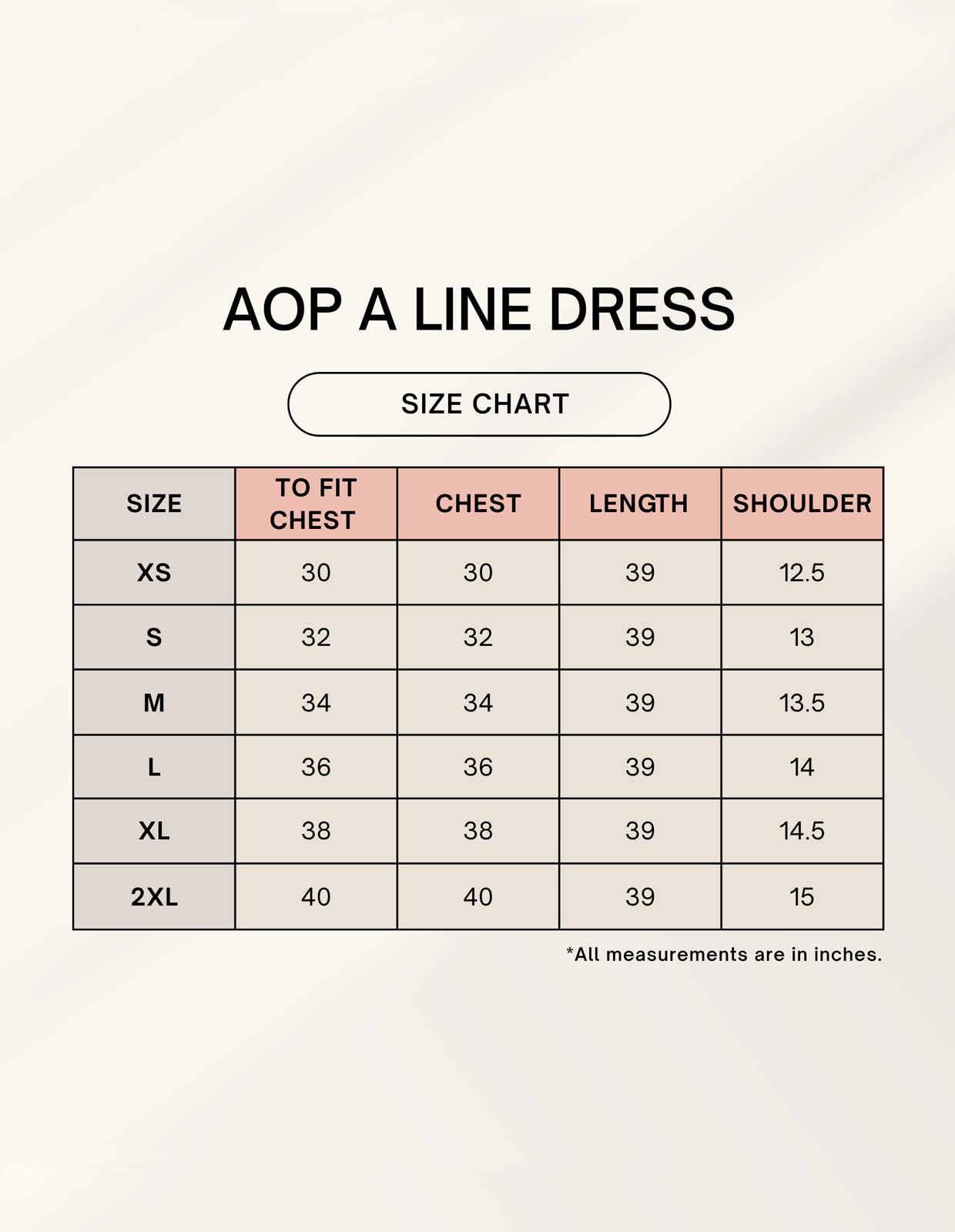 Size chart for Female AOP A Line Dress