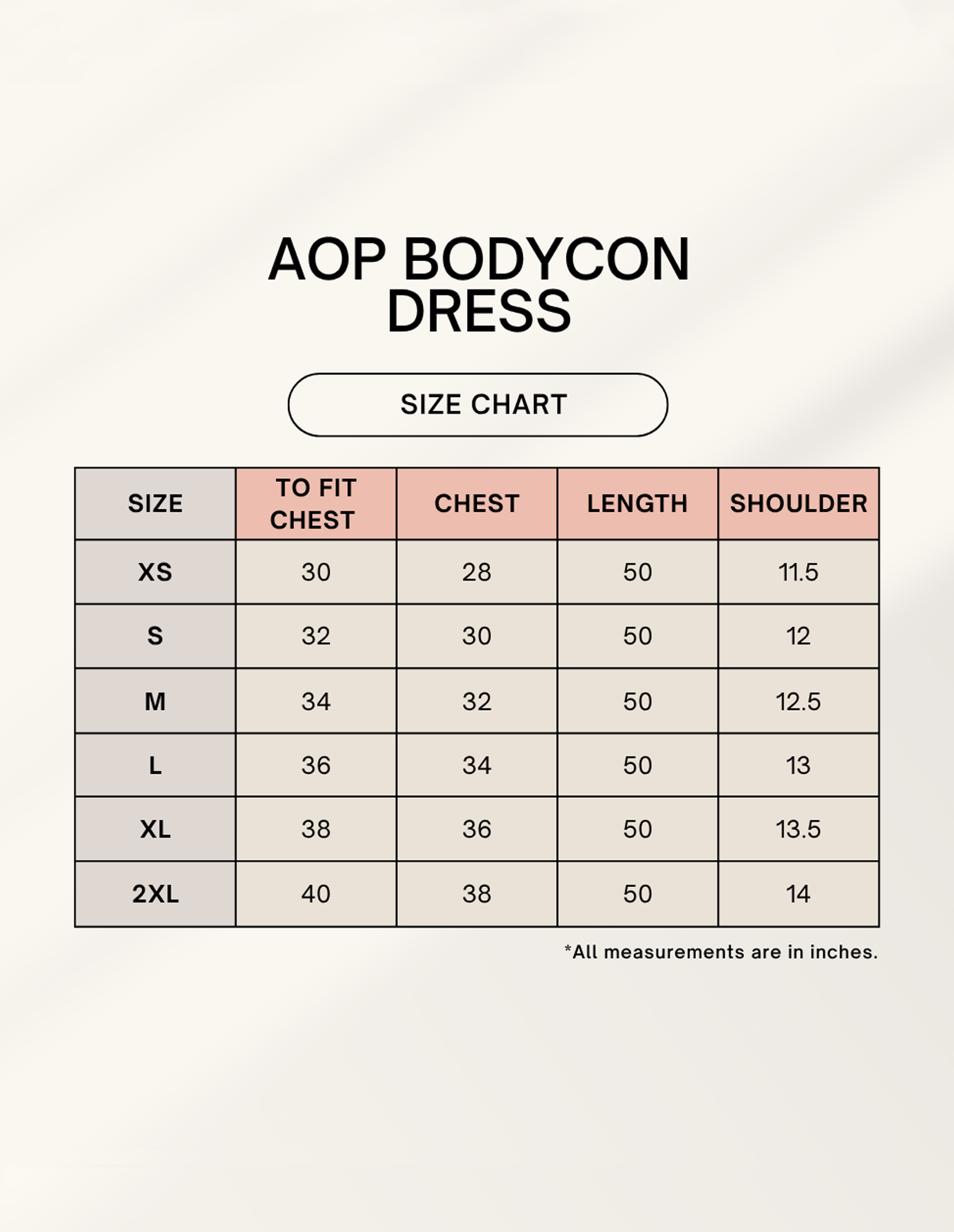 Size chart for Female AOP Bodycon Dress