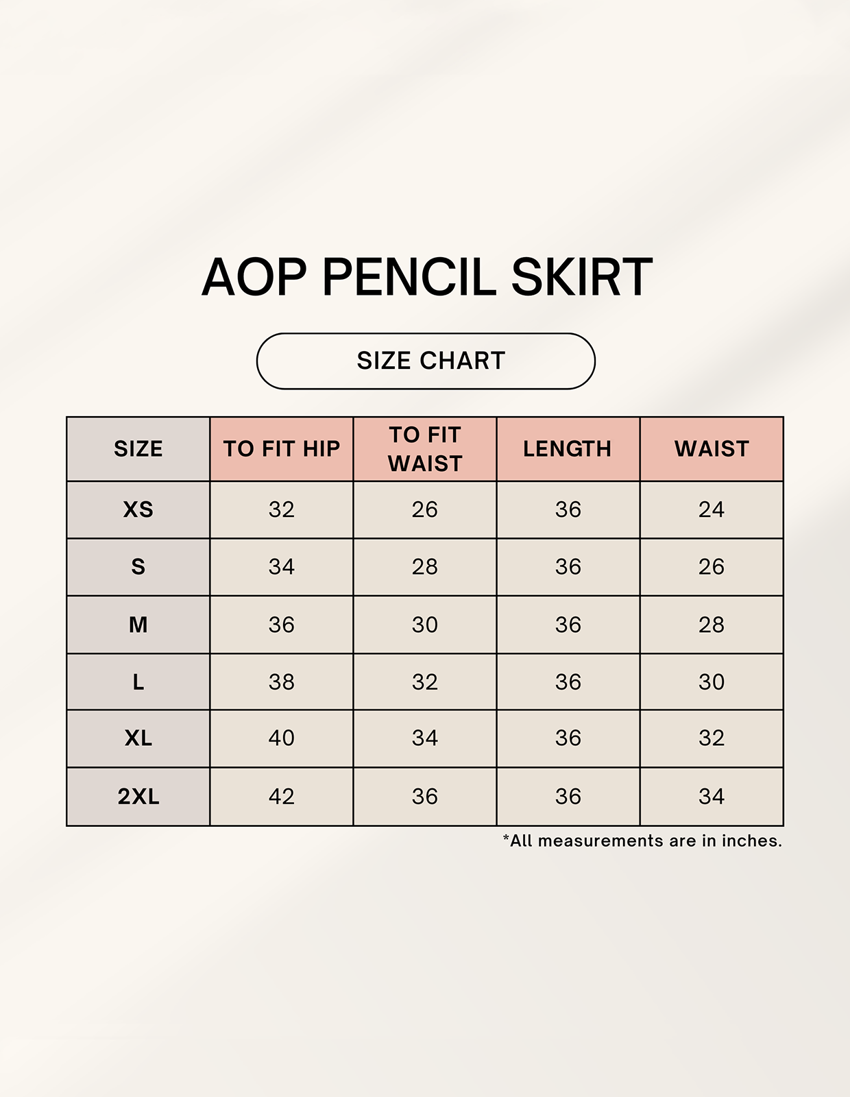 Size chart for Female AOP Pencil Skirt