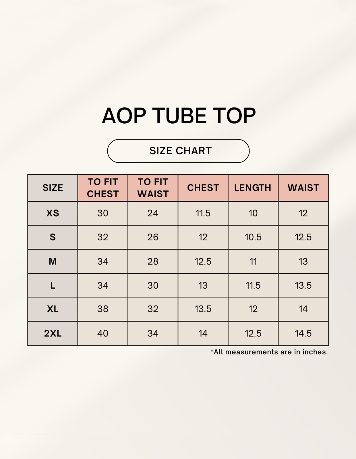 Size chart for Female AOP Tube Top