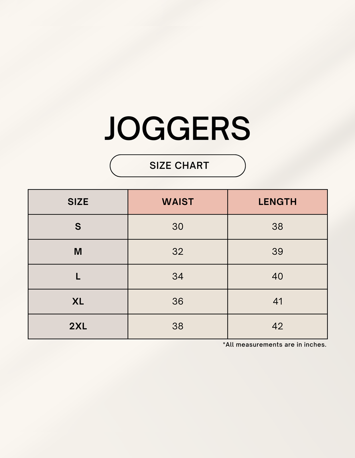 Size chart for Unisex Joggers