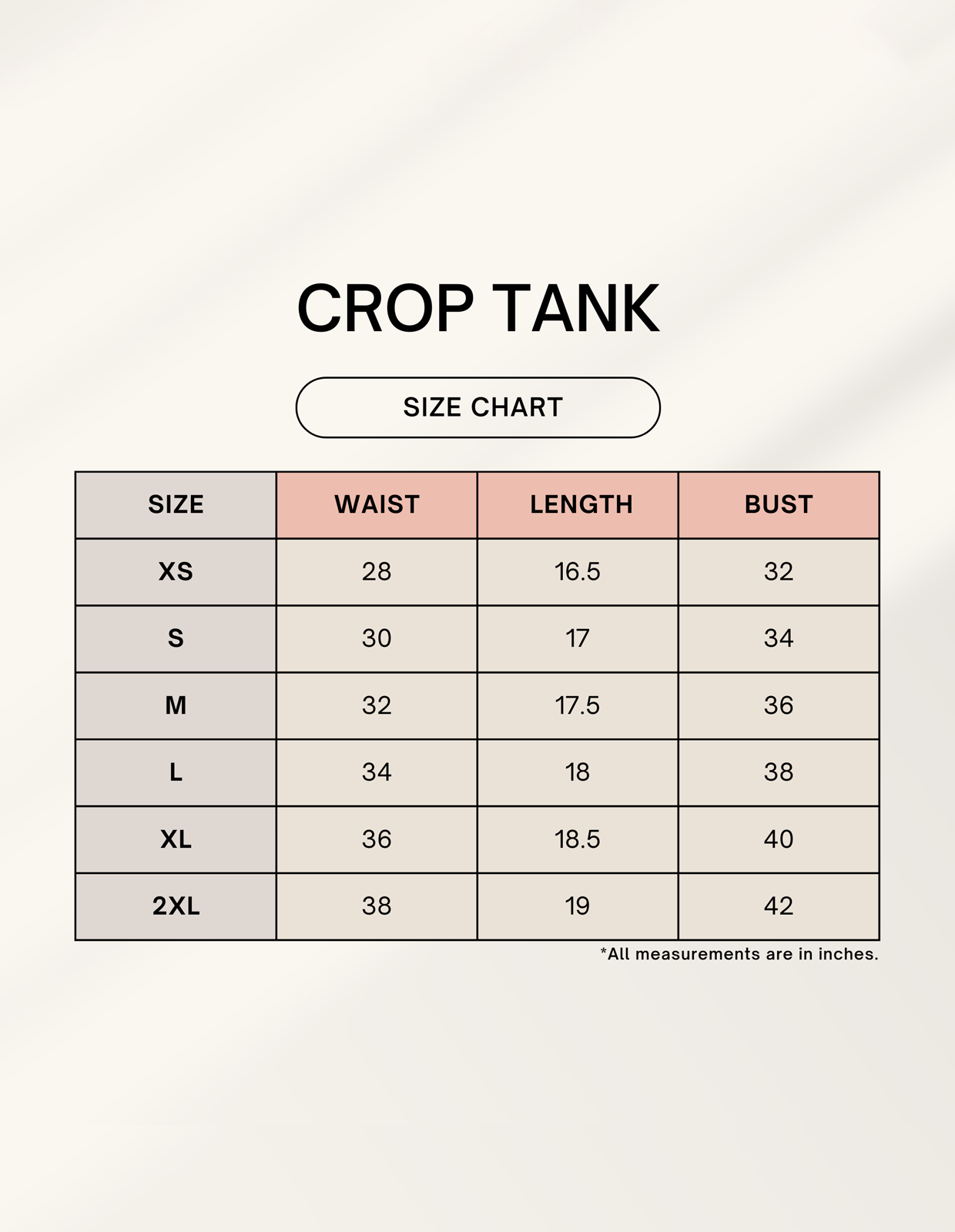 Size chart for Female Crop Tank