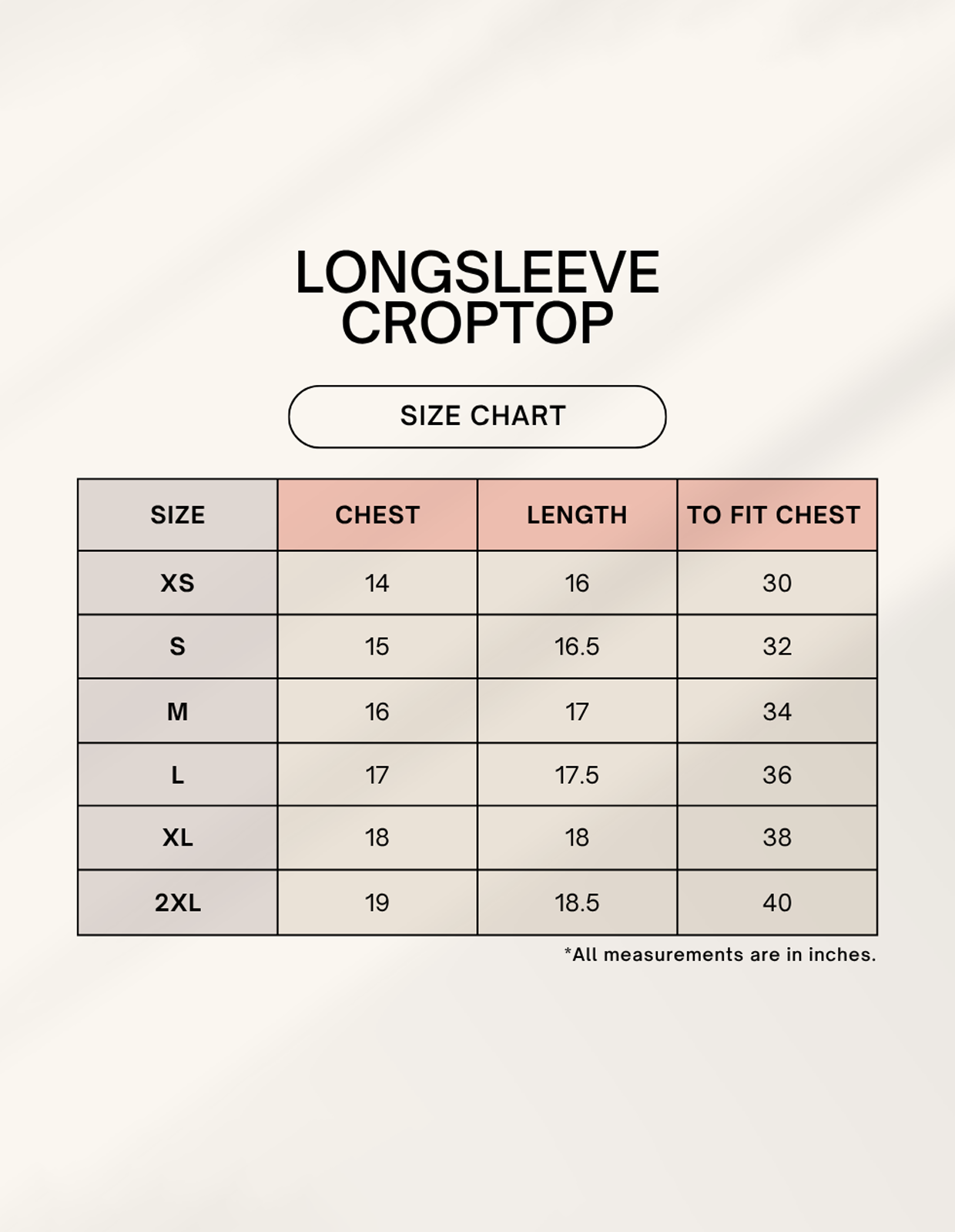 Size chart for AOP Full Sleeve Crop Top