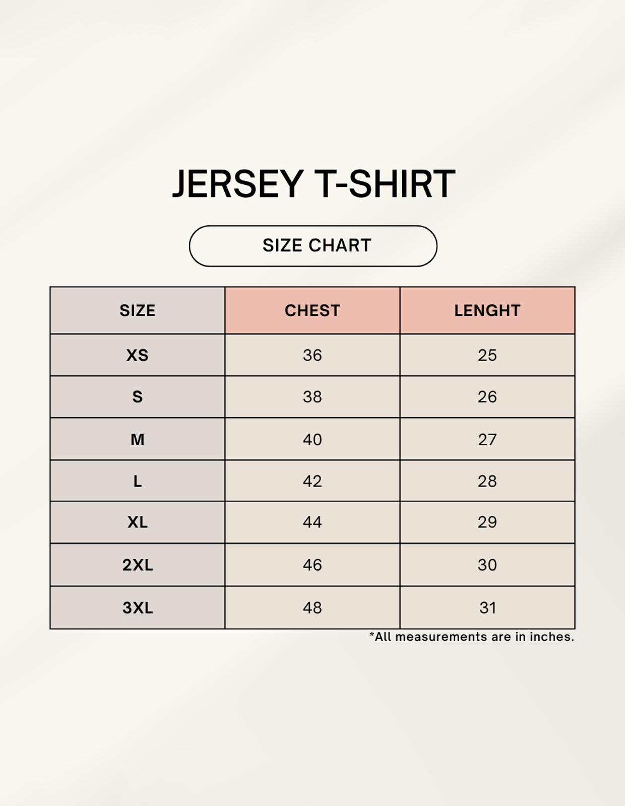 Size chart for Jersey T-Shirt