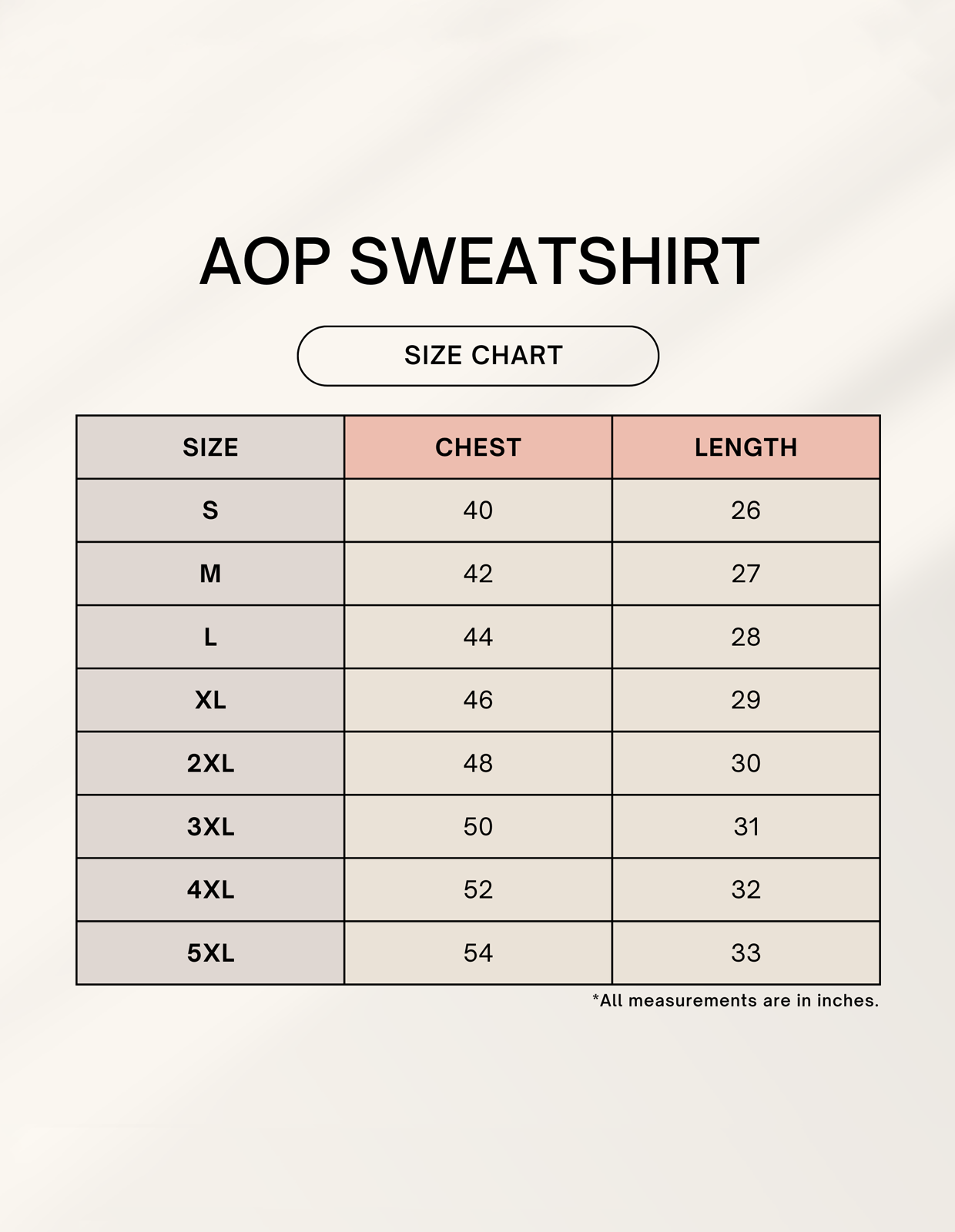 Size chart for Unisex AOP Sweatshirt