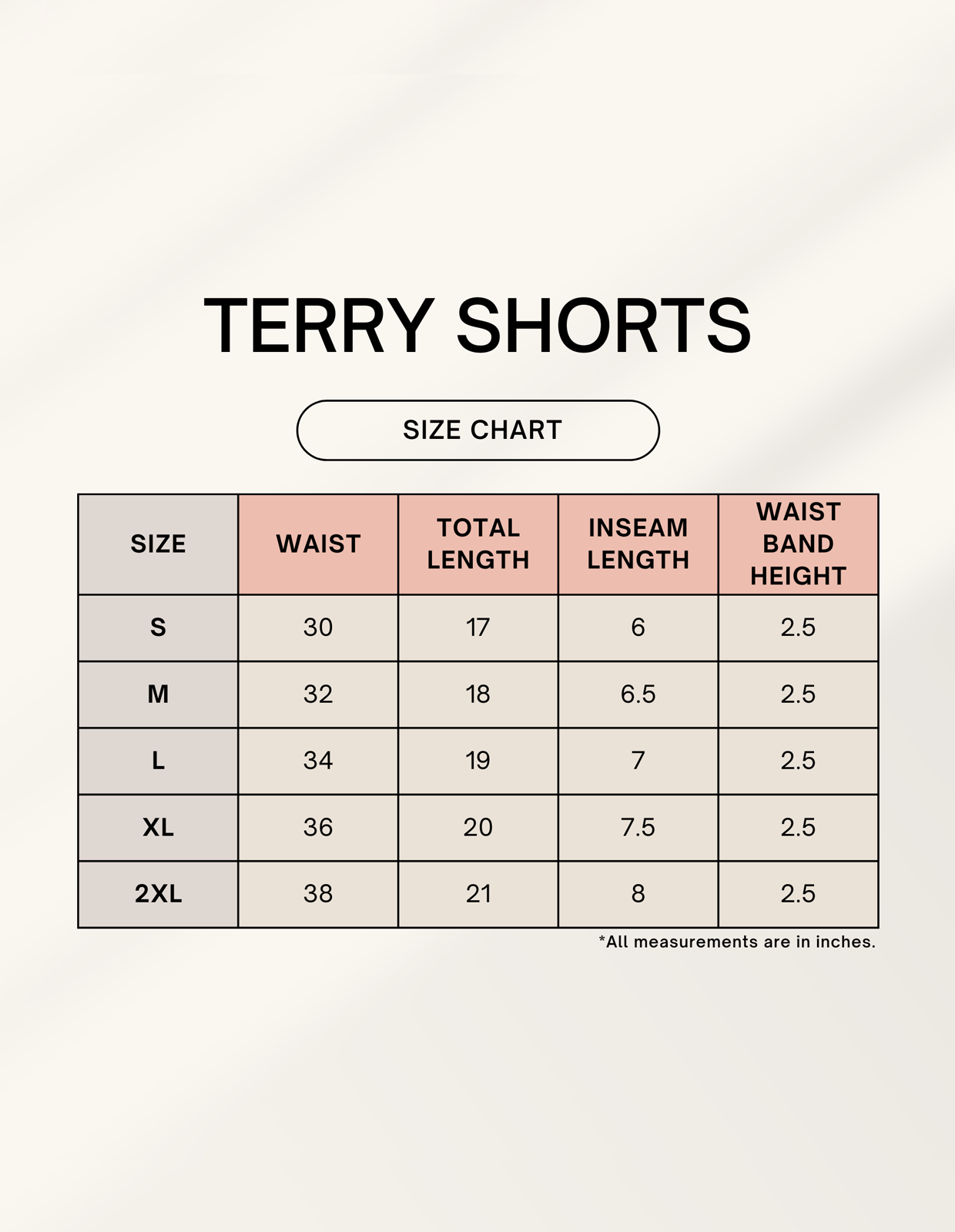 Size chart for Unisex Terry Shorts