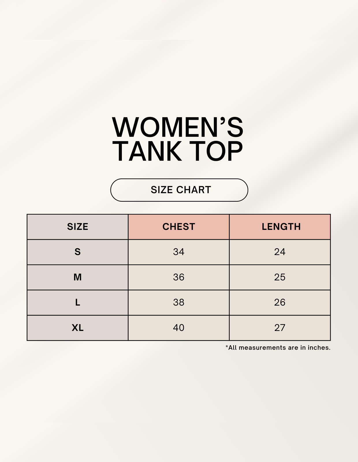 Size chart for Female Tank Top