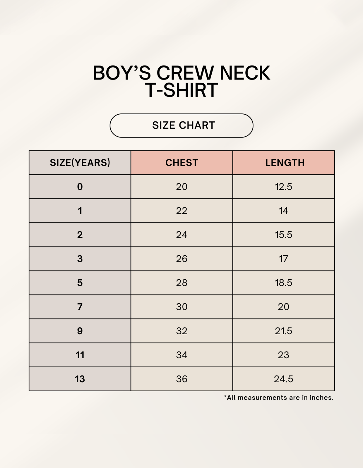 Size chart for Boy Classic Crew T-Shirt