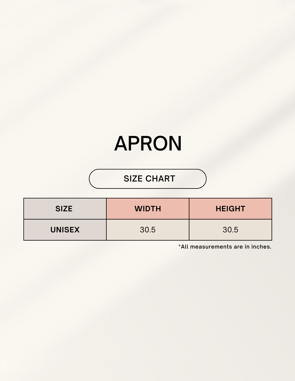 Size chart for Unisex Apron