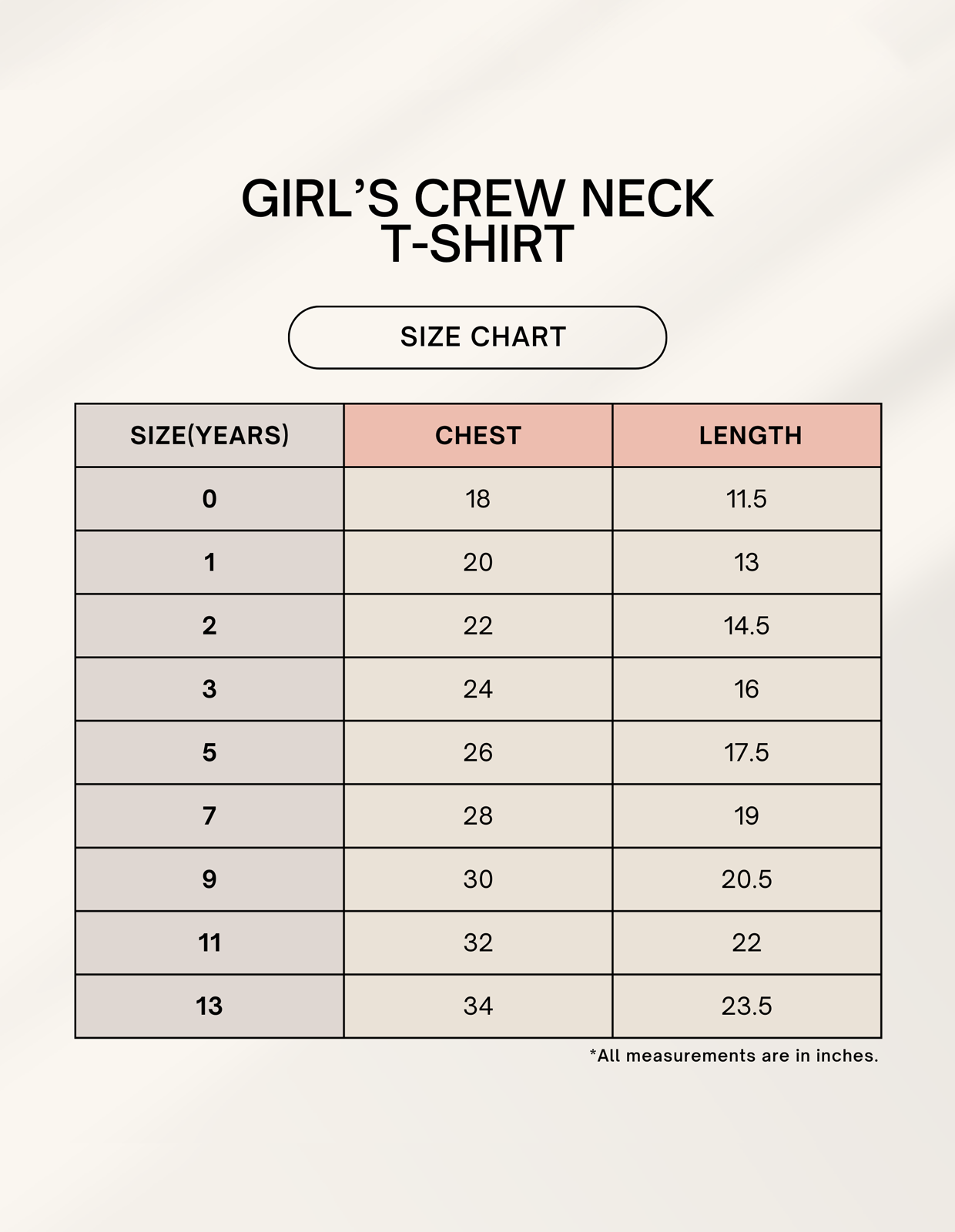Size chart for Girl Classic Crew T-Shirt