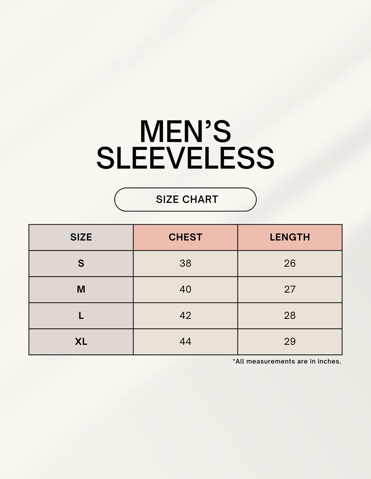 Size chart for Male Sleeveless T-Shirt