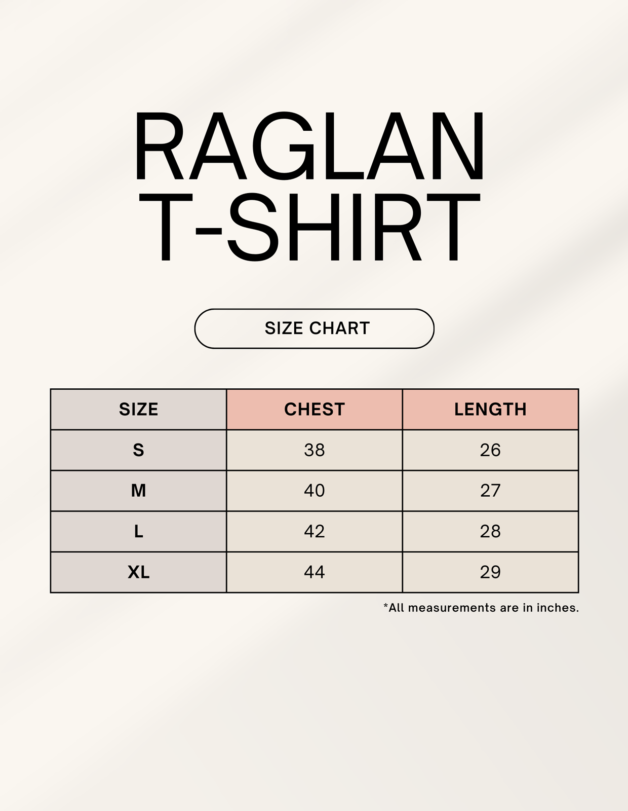 Size chart for Male Raglan T-Shirt