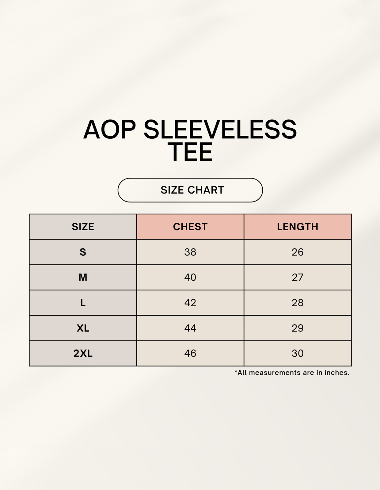 Size chart for Male AOP Sleeveless Tee
