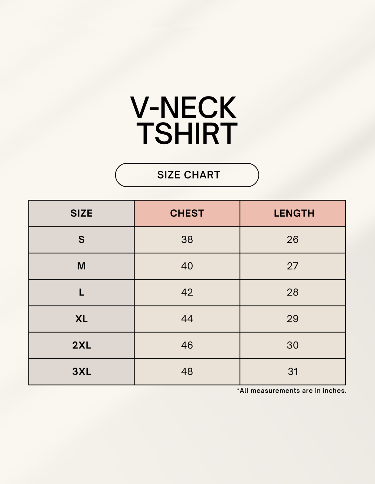 Size chart for Male V Neck T-Shirt