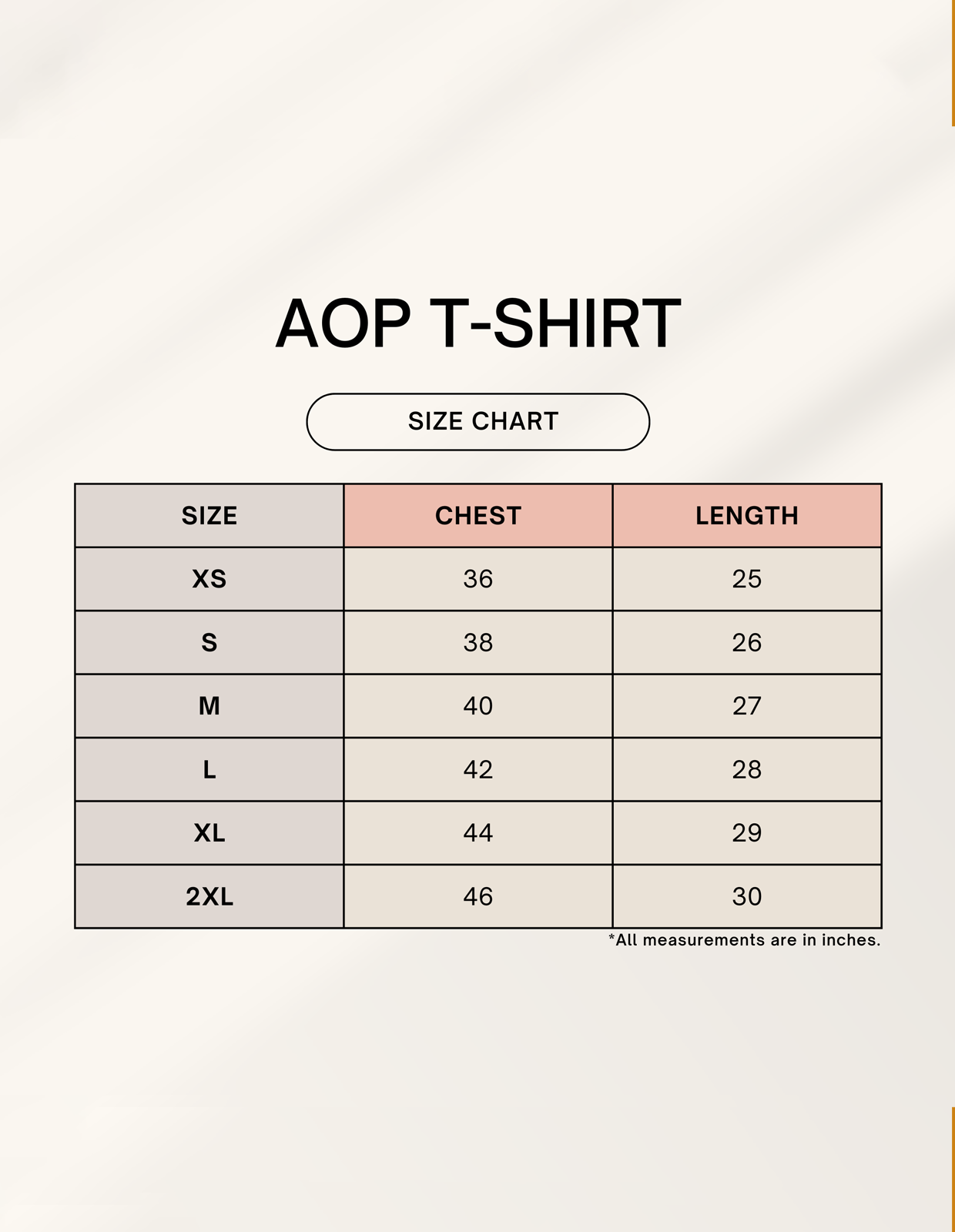 Size chart for Male AOP T-Shirt