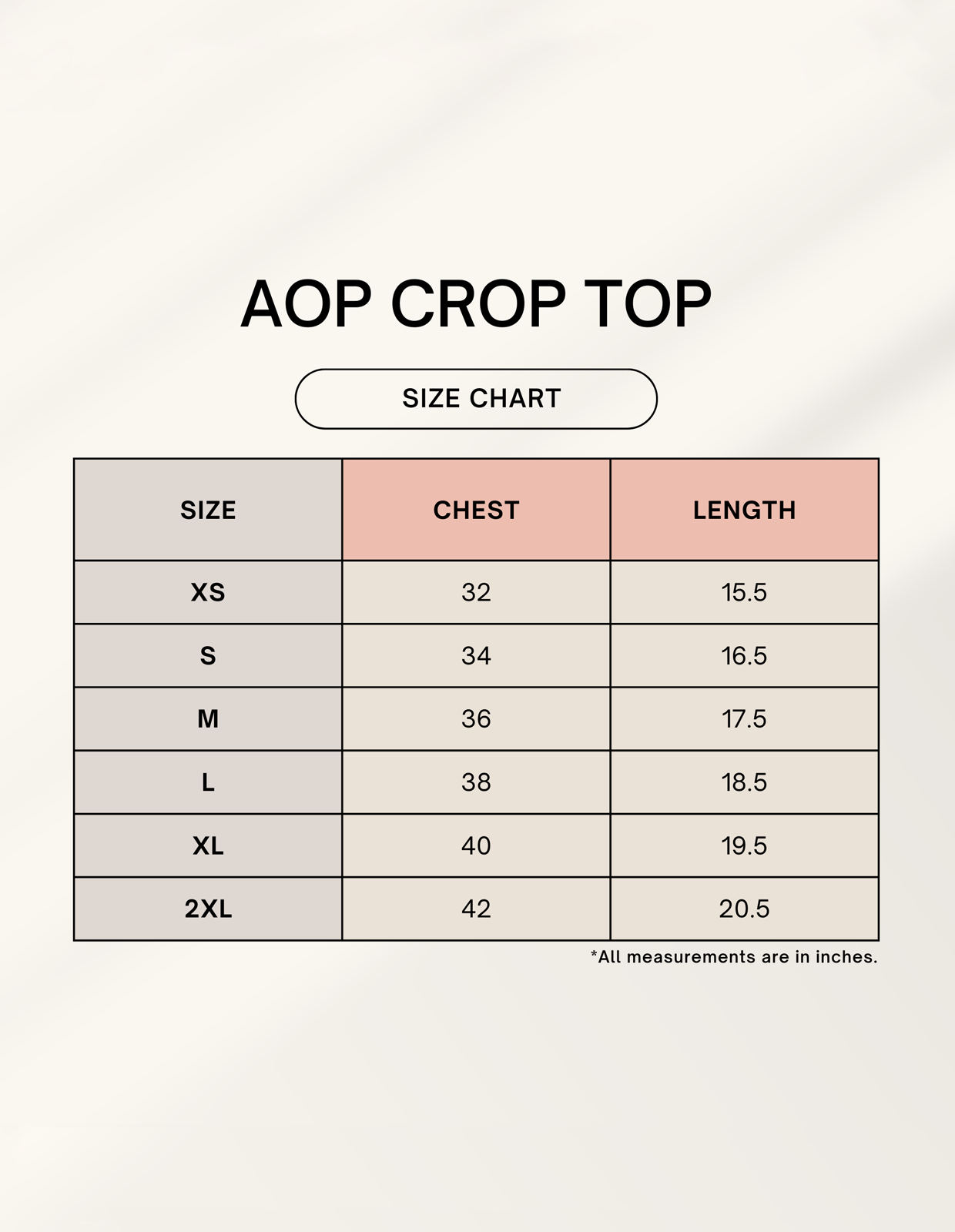 Size chart for Female AOP Crop Top
