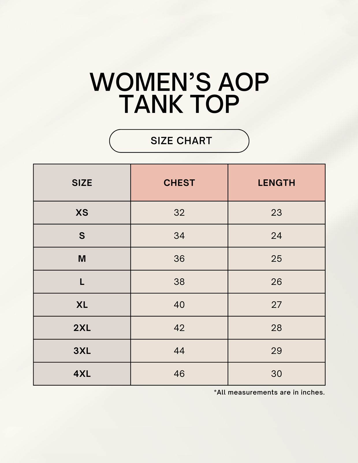 Size chart for Female AOP Tank Top