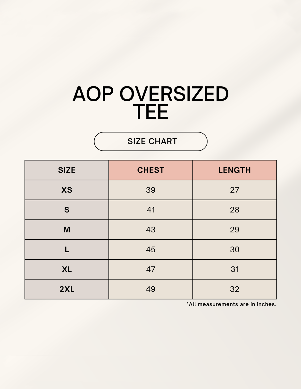 Size chart for Unisex AOP Oversized Tee