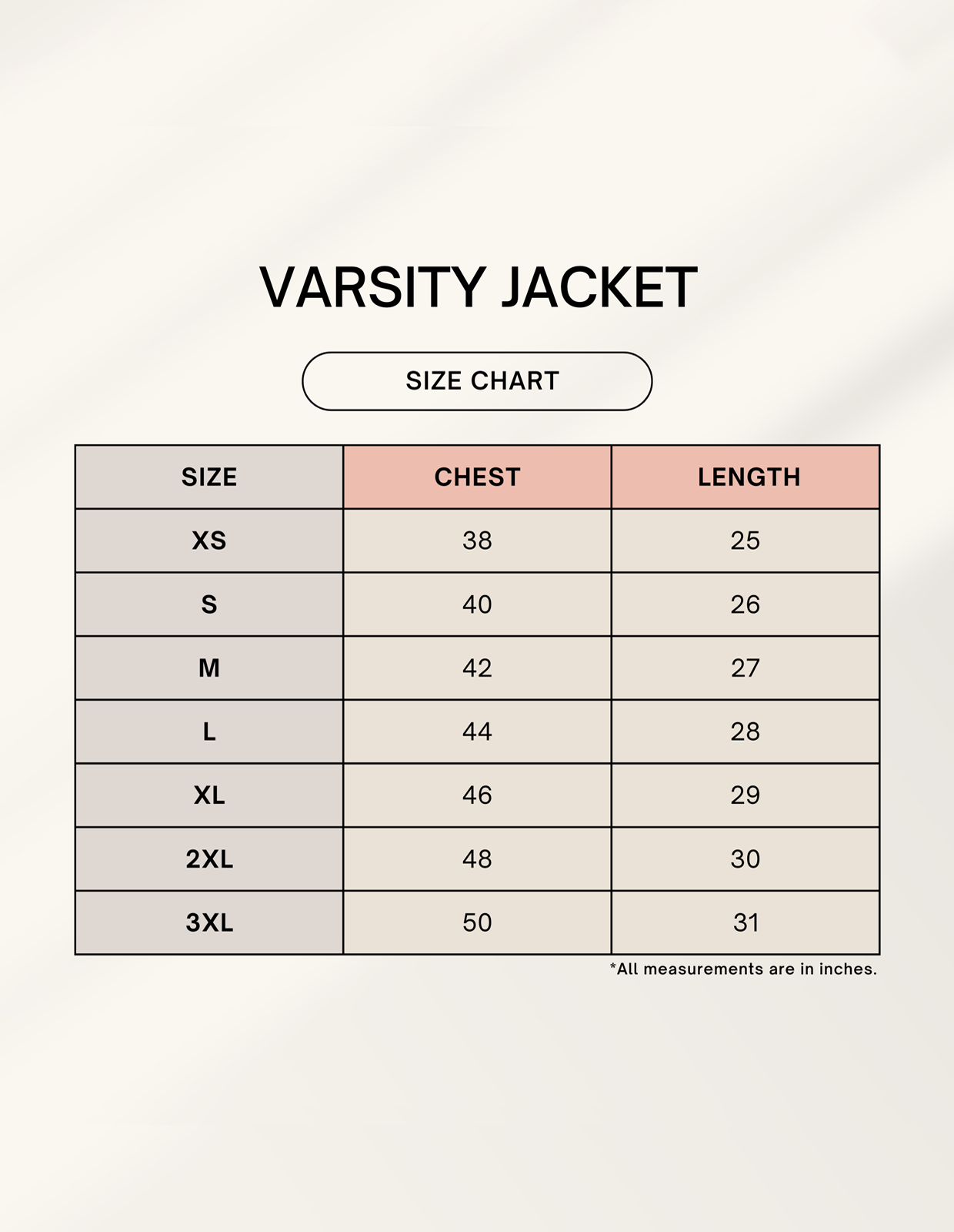 Size chart for Unisex Varsity Jacket