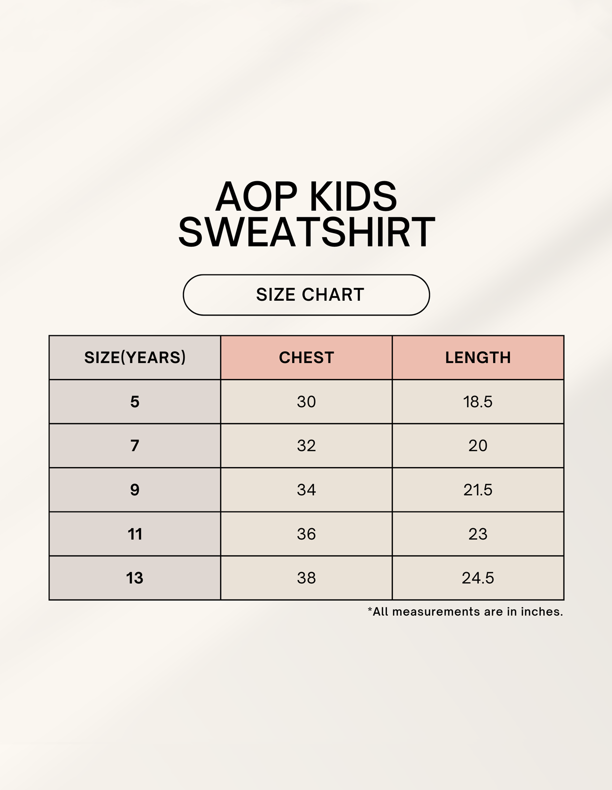 Size chart for Kids AOP Sweatshirt