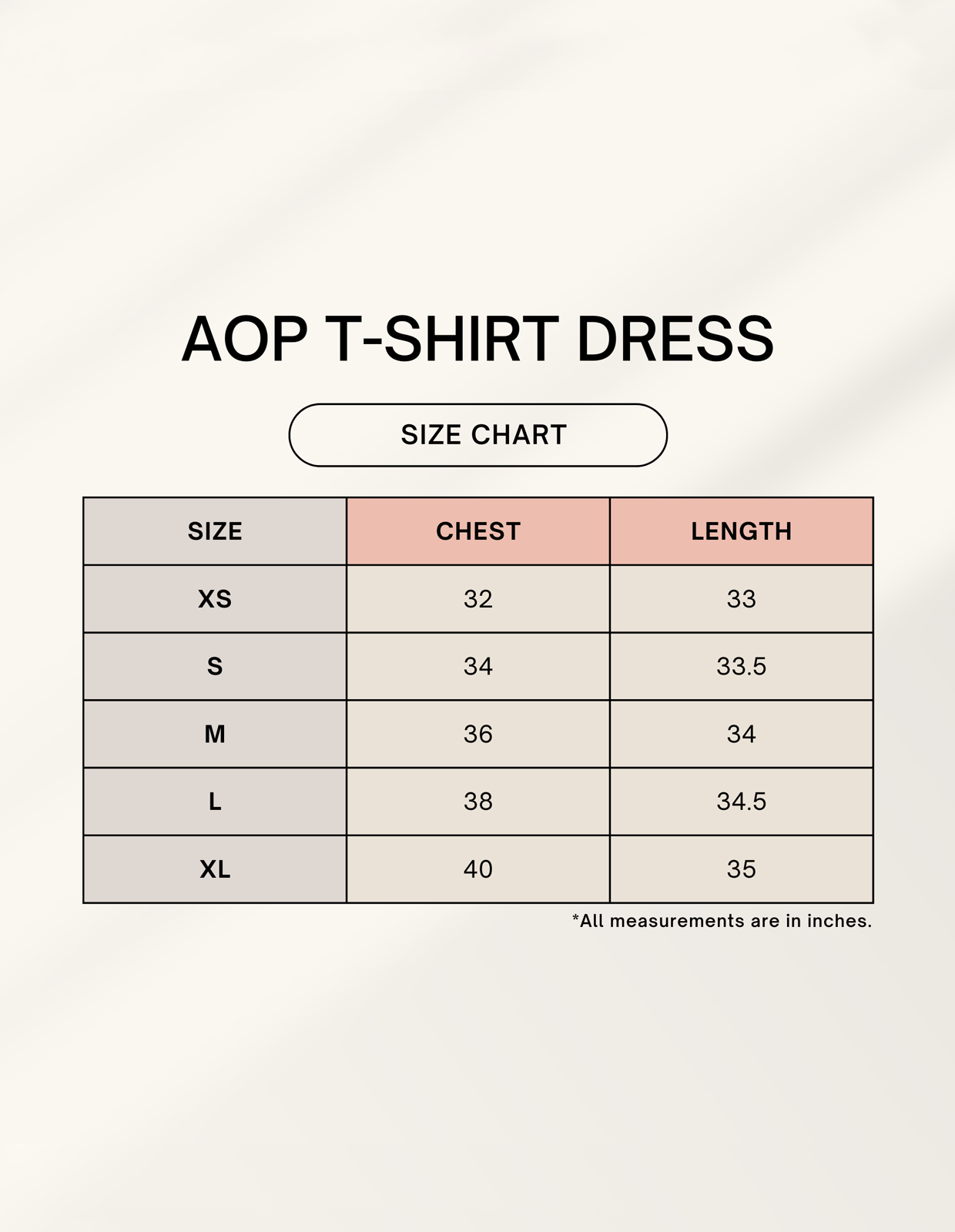 Size chart for Female AOP T-Shirt Dress