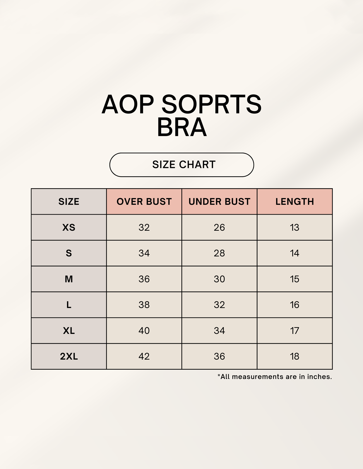 Size chart for Female AOP Sports Bra